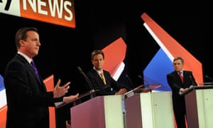 David Cameron, Nick Clegg and Gordon Brown during the second televised leaders' debate on Sky News
