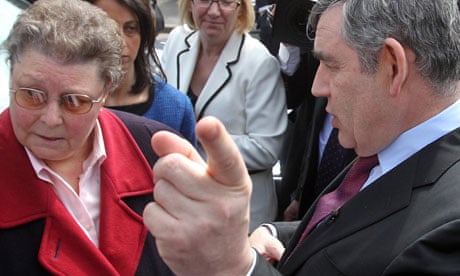 Gordon Brown speaks to Gillian Duffy, 65, in Rochdale, whom he later described as a 'bigoted woman'