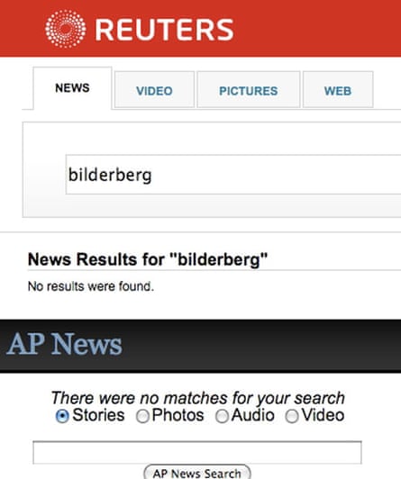Screengrab of search for 'Bilderberg' on Reuters and AP
