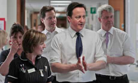 David Cameron, Nick Clegg and Andrew Lansley visit a hospital in Surrey