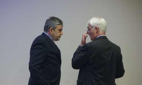 Gordon Brown and Alistair Darling in discussion in Birmingham in 2010