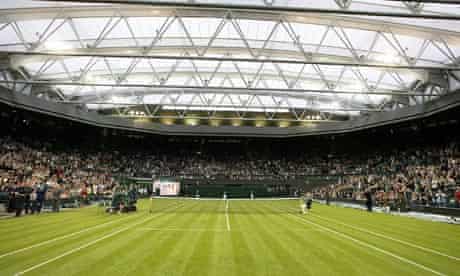 A view of Centre Court at Wimbledon prior to the exhibition match to launch the new retractable roof
