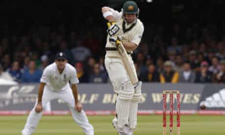 Phillip Hughes plays a shot off the bowling of Andrew Flintoff on the fourth day of the second Test