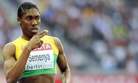Caster Semenya gestures as she wins the 800m semi-final at the World Championships in Berlin