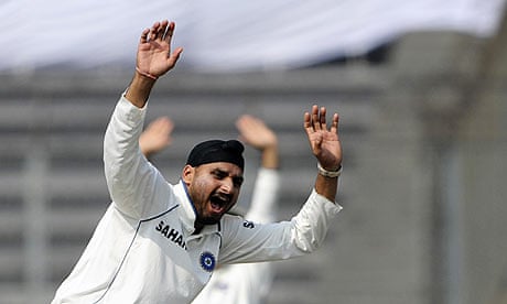 Harbhajan Singh appeals for lbw during the second Test between Indian and Bangladesh in Dhaka