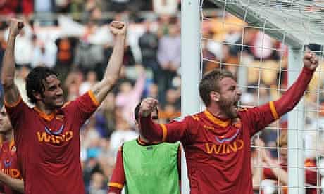 Daniele De Rossi, right, and Luca Toni celebrate Roman's win against Atalanta 