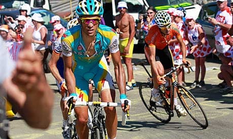 Alberto Contador climbs towards Port de Balès pass during yesterday's 15th stage
