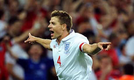 Steven Gerrard celebrates scoring the second of his two goals in England's 2-1 win over Hungary