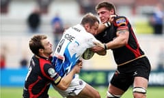 Bath Rugby's Mark McMillan (centre) is tackled
