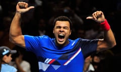 Jo-Wilfried Tsonga celebrates after beating Rafael Nadal 