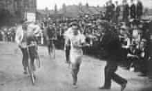 John Hayes of the USA wins the marathon at the 1908 Olympic Games on a hot day in London