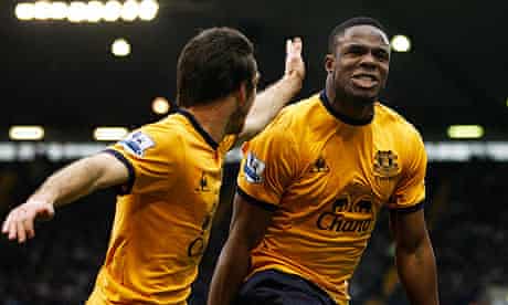 Victor Anichebe, right, celebrates with Leighton Baines