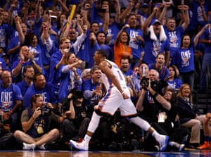 NBA1: Oklahoma City Thunder's Westbrook celebrates vs Miami Heat