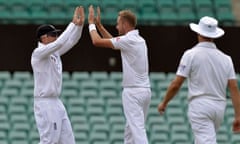 England's Stuart Broad, centre, is seen celebrating during a tour match in Australia this month