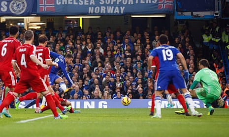 Eden Hazard scores Chelsea's second goal against West Brom in the Premier League at Stamford Bridge