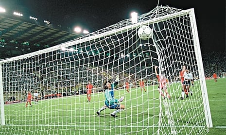 England's David Platt scores the winning goal against Belgium in the 1990 World Cup Finals – a tourn