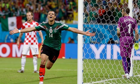 Mexico's Javier Hernández celebrates after scoring his team's third goal against Croatia in Recife o