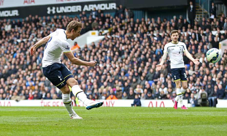 Tottenham's Harry Kane scores their second goal against Leicester in the Premier League