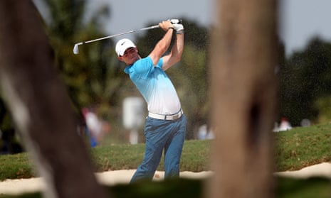 Rory McIlroy plays out of a bunker on the 17th on the Doral Blue Monster Course on Thursday.