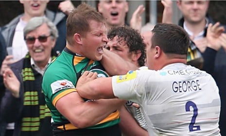Saracens' Jamie George reacts after Northampton's Dylan Hartley struck him with his head