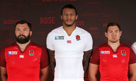 Alex Corbisiero, Courtney Lawes and Alex Goode pose in England's Rugby World Cup shirts