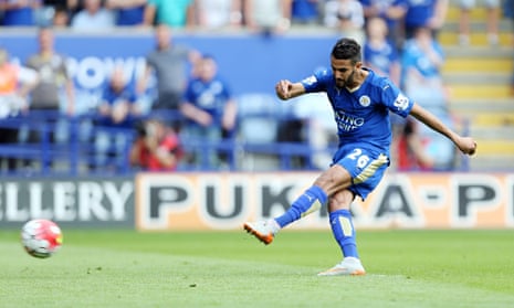 Riyad Mahrez scores Leicester City's third against Sunderland in the Premier League