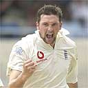Steve Harmison celebrates the first of his wickets