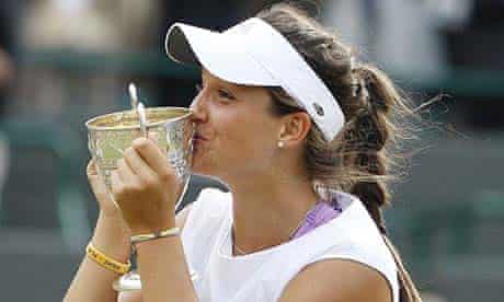 Britain's Laura Robson kisses her trophy after winning the Wimbledon girl's singles final