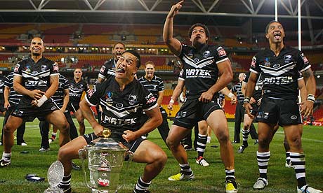 Issac Luke of the Kiwis leads the haka after winning the rugby league World Cup final