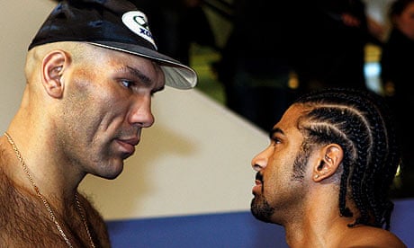 Nikolai Valuev and David Haye square-up at their pre-fight weigh-in