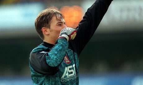 Mark Bosnich gives his infamous Nazi salute to the Tottenham Hotspur fans