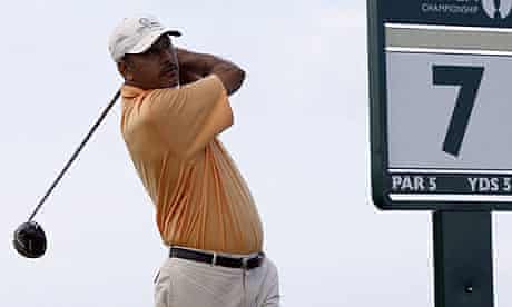 Jeev Milkha Singh plays from the seventh tee during a practice round at Turnberry