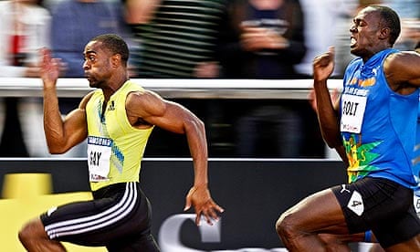 Tyson Gay of the US wins the men's 100m in Stockholm with Usain Bolt in second