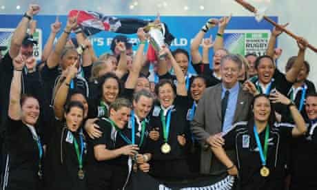 New Zealand players celebrate after beating England in the women's World Cup final at The Stoop.