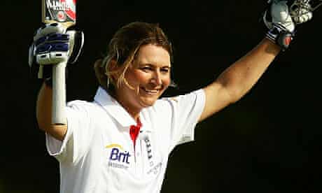Charlotte Edwards celebrates scoring a century during day one of the Australia v England Ashes Test