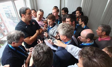 Martin Johnson, the England manager, talks to the press