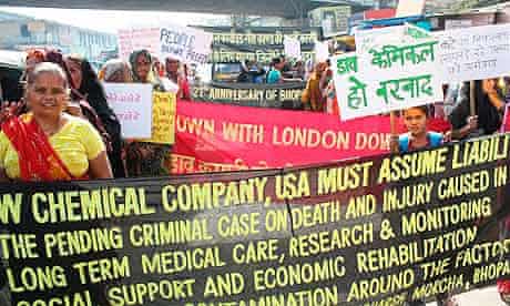 Activists and survivors of 1984 Bhopal gas disaster demonstrate against Dow, a London 2012 sponsor
