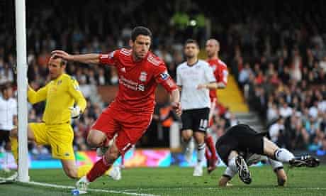 Maxi Rodríguez celebrates scoring his and Liverpool's second goal against Fulham