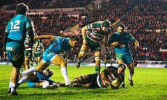 Leicester Tigers' Ben Woods scores their second try against Aironi in their 33-9 Heineken Cup win