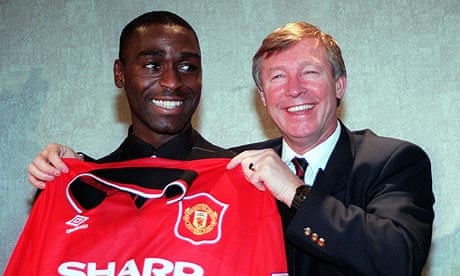 Andy Cole and Alex Ferguson smile