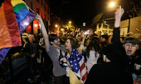 Revelers celebrate early election returns favoring Washington state Referendum 74