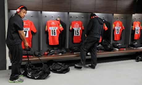 Saracens players in the Wembley dressing room