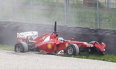 Fernando Alonso of Ferrari crashes his F2012 in testing at Mugello