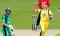 Brett Lee celebrates after bowling out Ireland's William Porterfield