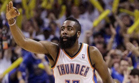 Oklahoma City Thunder guard James Harden gestures during the second half against San Antonio Spurs