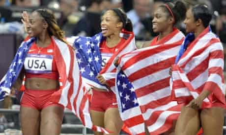 Bianca Knight, Allyson Felix, Carmelita Jeter, Tianna Madison celebrate winning 4x100m relay final