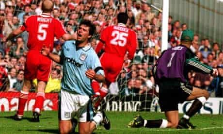 Niall Quinn reacts during Manchester City v Liverpool in 1995-96