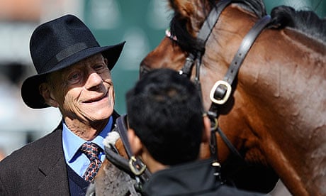 Frankel with Sir Henry Cecil before the star colt's public gallop at Newmarket