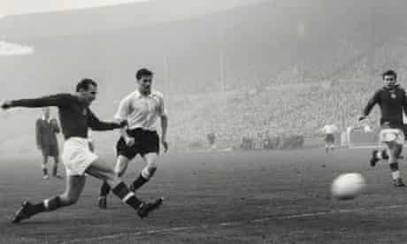 Nandor Hidegkuti scores Hungary's final goal in their 6-3 win against England at Wembley in 1953