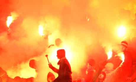 Zenit St Petersburg fans light flares during the Europa League match against Hajduk Split.